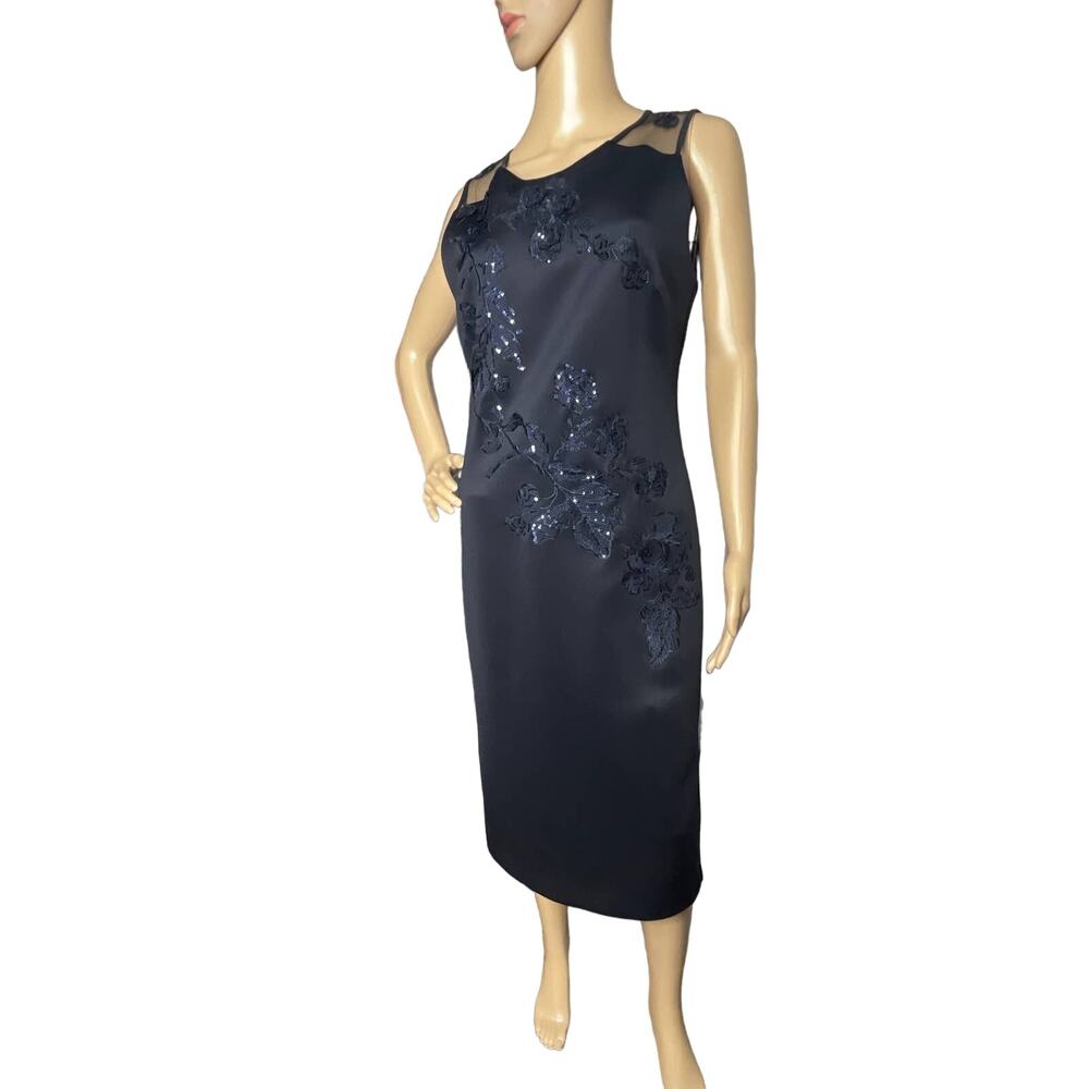 Tahari Black Sleeveless Midi Cocktail Dress Sequin Flowers Size 10